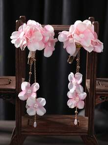 2PCS Gentle Endless Fairy Mori Style Hydrangea Tassel Hair Clips For Women, Vacation Atmosphere Photography Hair Flower Hair Clips Jewelry - Pink - View 5