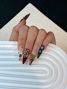 10pcs Handmade Long Pointed Press-On Nails, Gold Red Blue Polka Dot Cat Eye Nail Art, With Rhinestones Glitter Powder And Crystals, Autumn Cute Reusable Nail Set With Nail Tools - Follow Your Heart - View 5