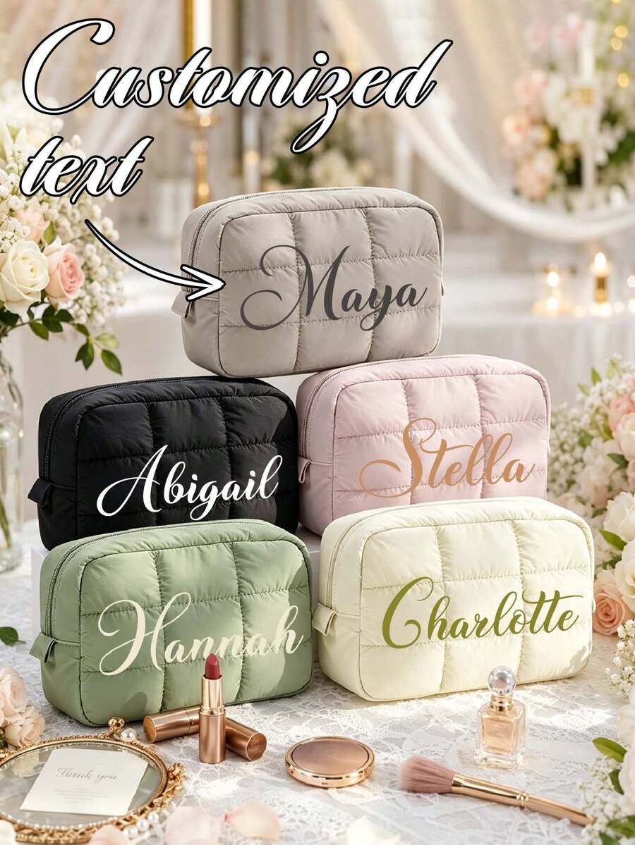 1pc Custom Name Quilted Makeup Bag, Personalized Embroidery Cosmetic Pouch, Large Capacity Travel Toiletry Bag, Bridesmaid Gift, Wedding Bridal Party Gift, Multi Color Zipper Storage Bag For Women - Multicolor - View 1