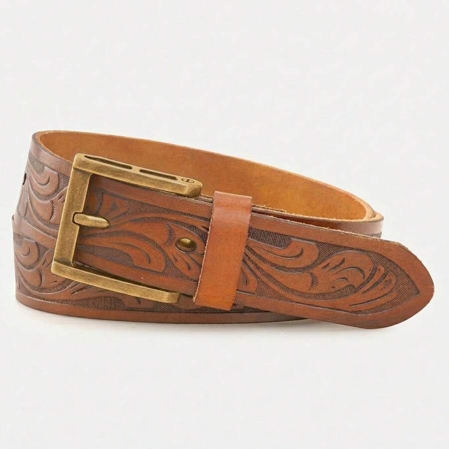 1pc Full Grain Leather Golf Belt - Classic Western Embossed Texture, Ultimate Holiday Gifting Choice For Dad/Husband/Cowboy