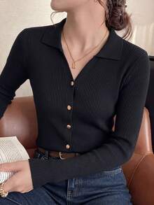優雅休閒女款 V 領翻領前開扣針織開襟毛衣，百搭百搭風格，可正反穿設計 - 黑色 - 查看 5