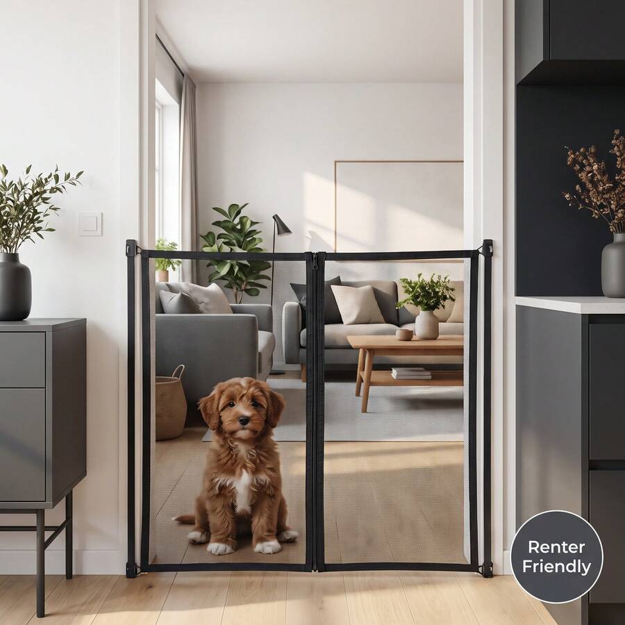 Pet Anti-Scratch Isolation Mesh Door Curtain, Durable Wear-Resistant Mesh Zipper Style No-Drill Pet Fence, Indoor Cat Dog Partition Screen Door - Black - View 1
