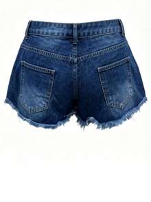 Fashionable Casual Vacation Style Washed Frayed Distressed Loose Denim Shorts For Women Summer - Dark Wash - View 7