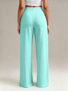 XLLAIS Women's Fashion High Waist Stretch Straight Leg Pants - Mint Blue - View 2