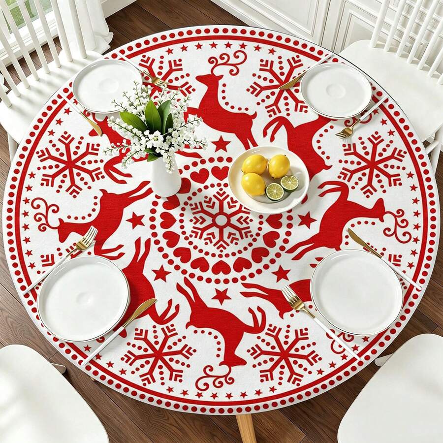 1pc Christmas Tree Snowflake Round Tablecloth, Christmas Tablecloth With Elastic Edge, Soft And Wrinkle-Resistant, Suitable For Round Dining Table, Outdoor Restaurant Decor And Outdoor Party, Kitchen, Baking, Outdoor Decor, Outdoor Patio, Breakfast, Brunch And Party Decor - Multicolor - View 1