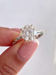 1pc Elegant 4-Prong Round Solitaire Diamond Ring For Women, Women's Jewelry Gift, Engagement Gift, Party Gift - Gold - View 3