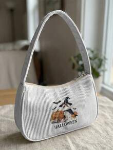 1pc Halloween Theme Print Corduroy Shoulder Bag, Underarm Bag, Large Capacity Storage, Zip Closure Y2K Baguette Handbag For Daily Travel Gift - Multicolor - View 2