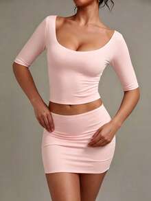XLLAIS Sexy Sweetheart Neck Yoga Basic High Elasticity Bare Feeling 3/4 Sleeve Slim Fit Fitness Baby Pink Summer T-Shirt Top Double Layer Back To Casual - Baby Pink - View 6