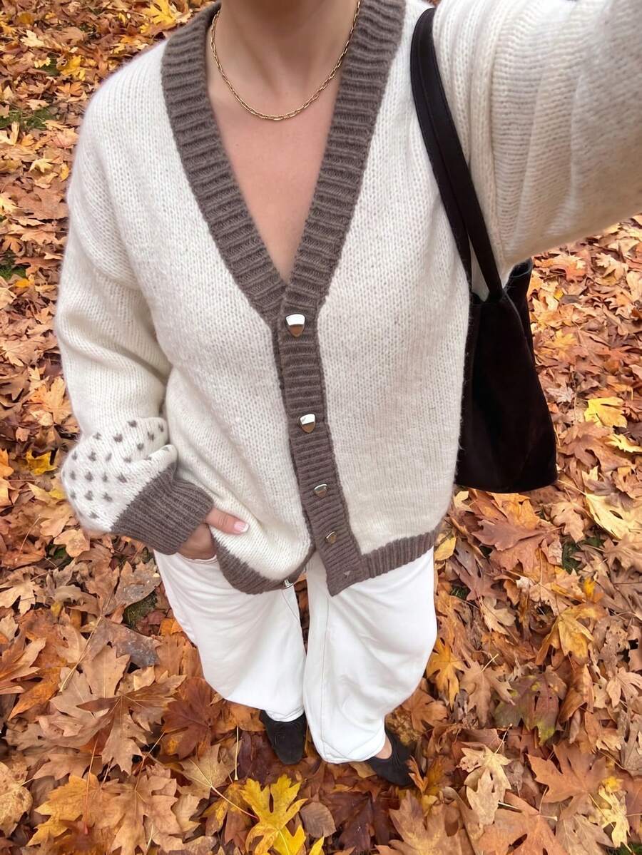 Bohemian Pastoral Style Contrast Trim V-Neck Single-Breasted Metal Button Casual Cardigan Autumn