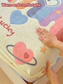1pc Thick Soft Breathable Snowflake Flannel Print Fitted Mattress Cover (Single Fitted Sheet), Instant Warmth Moisture-Wicking Breathable, Anti-Slip Mattress Cover, Easy To Remove And Machine Washable, Suitable For All Seasons, Perfect For Bedroom Decor - Rainbow Heart - View 8