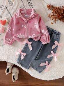 Baby Girl Autumn/Winter 2pcs Set Pink Stand Collar Fleece Jacket With White Bow Pattern + Side Bow Decorated Denim Straight Leg Pants - Pink - View 1