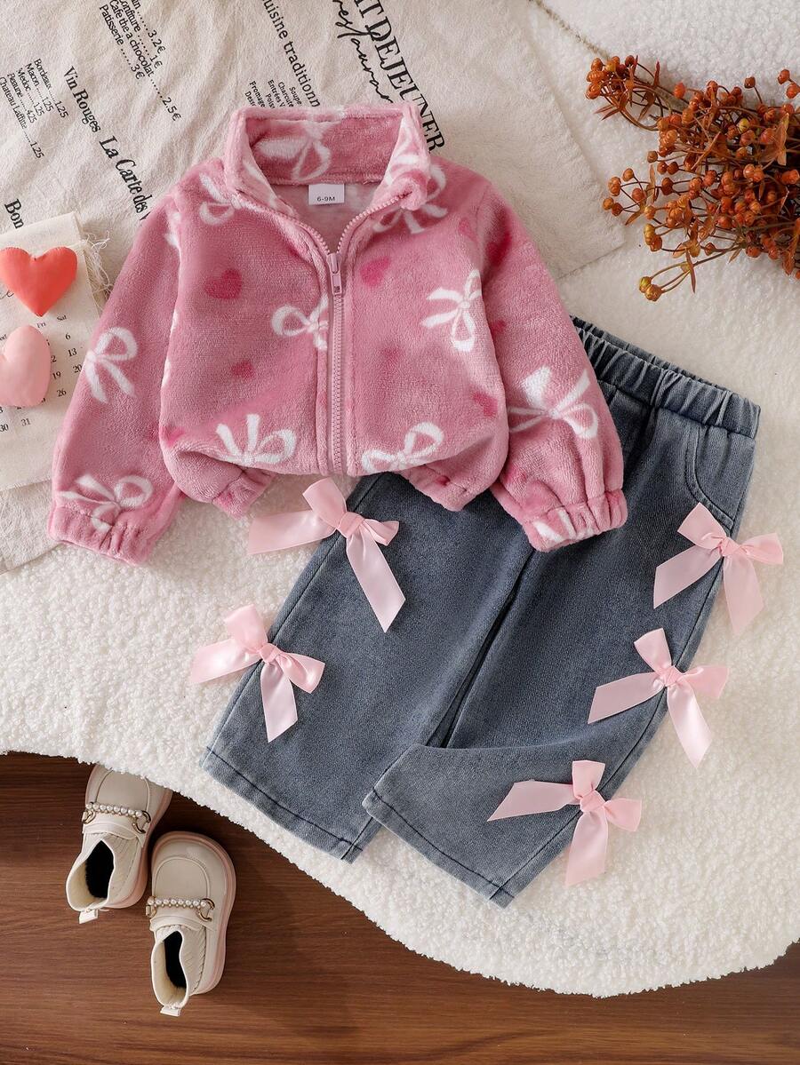 Baby Girl Autumn/Winter 2pcs Set Pink Stand Collar Fleece Jacket With White Bow Pattern + Side Bow Decorated Denim Straight Leg Pants - Pink - View 1