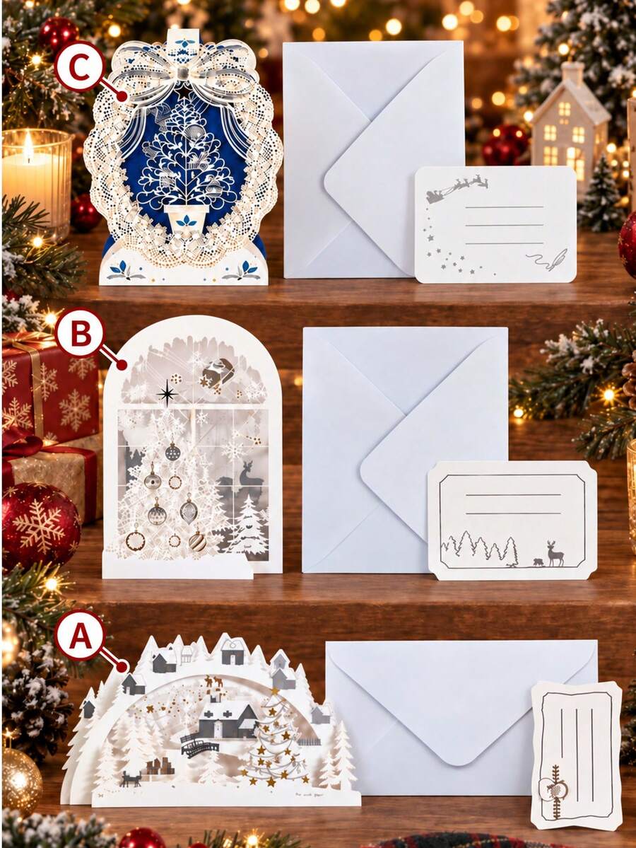 2pcs/Set 3 Styles Christmas 3D Pop-Up Invitation Cards With Envelopes, Elegant Laser Cut Holiday Greeting Cards, Suitable For Parties, Family Gatherings, Office Celebrations - Christmas Style - View 1