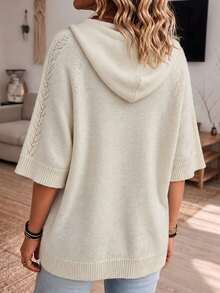 Women's Autumn/Winter Hooded Knit Pullover Sweater With Drawstring And Hollow-Out Details, Plus Size Comfortable Loose Fit Top - Apricot - View 5