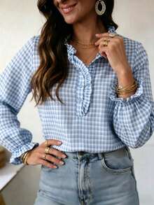 Women's Plaid Ruffle Button Detail Stand Collar Long Sleeve Regular Fit Polyester Shirt - Baby Blue - View 5