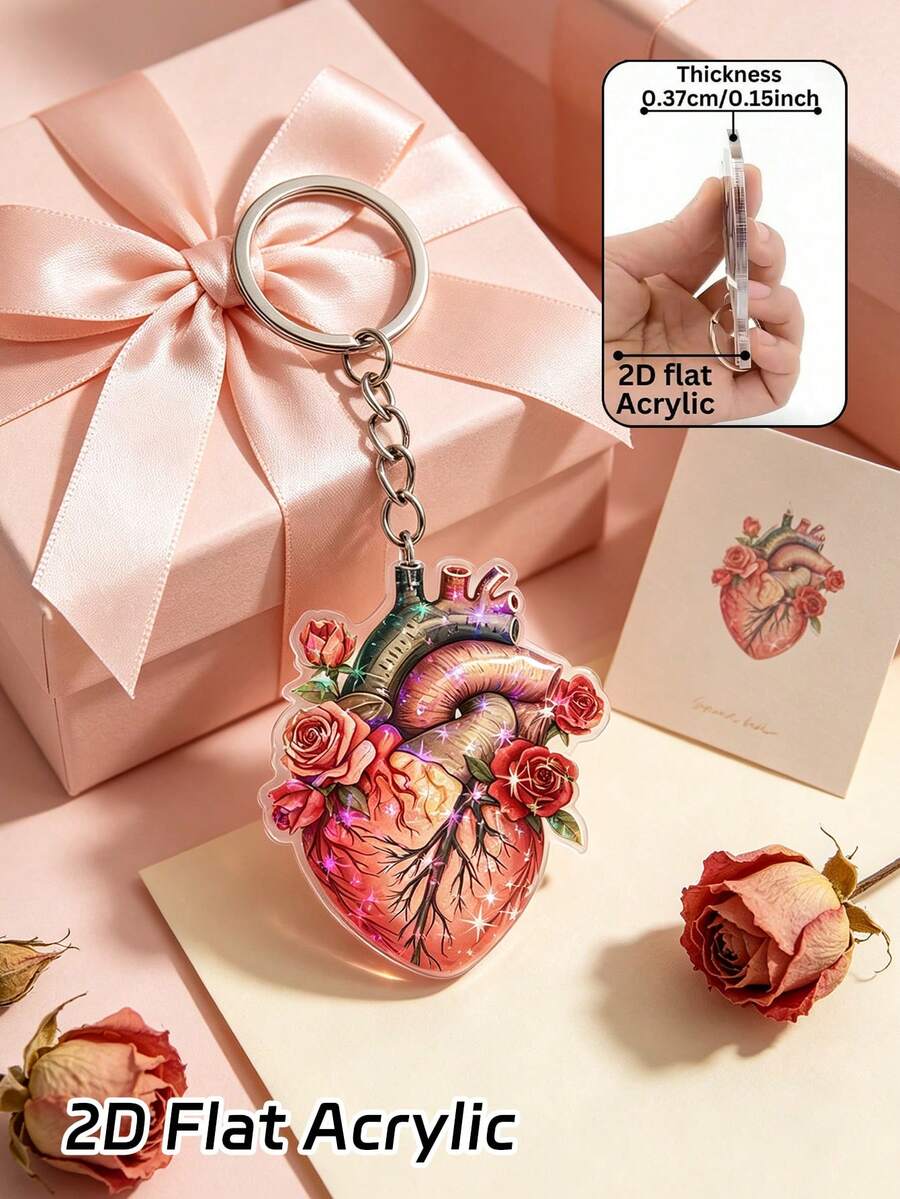 2D Flat Acrylic Pendant With Rose Floral Pattern, Keychain With Artery Pattern. Fashionable Bag Charm, Cardiologist Gift, Nurse Medical Student Gift, Car Keychain, Birthday Gift, Holiday Party Gift, Medical Student Graduation Souvenir, First Aid Training Completion Gift - Multicolor - View 1
