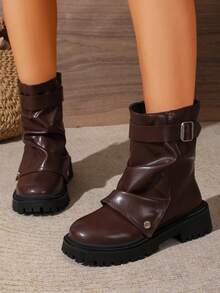 Vintage Brown Pleated Thick Sole Mid-Calf Work Boots Women's Metal Buckle Round Toe Chunky Heel Non-Slip Boots - Brown - View 4