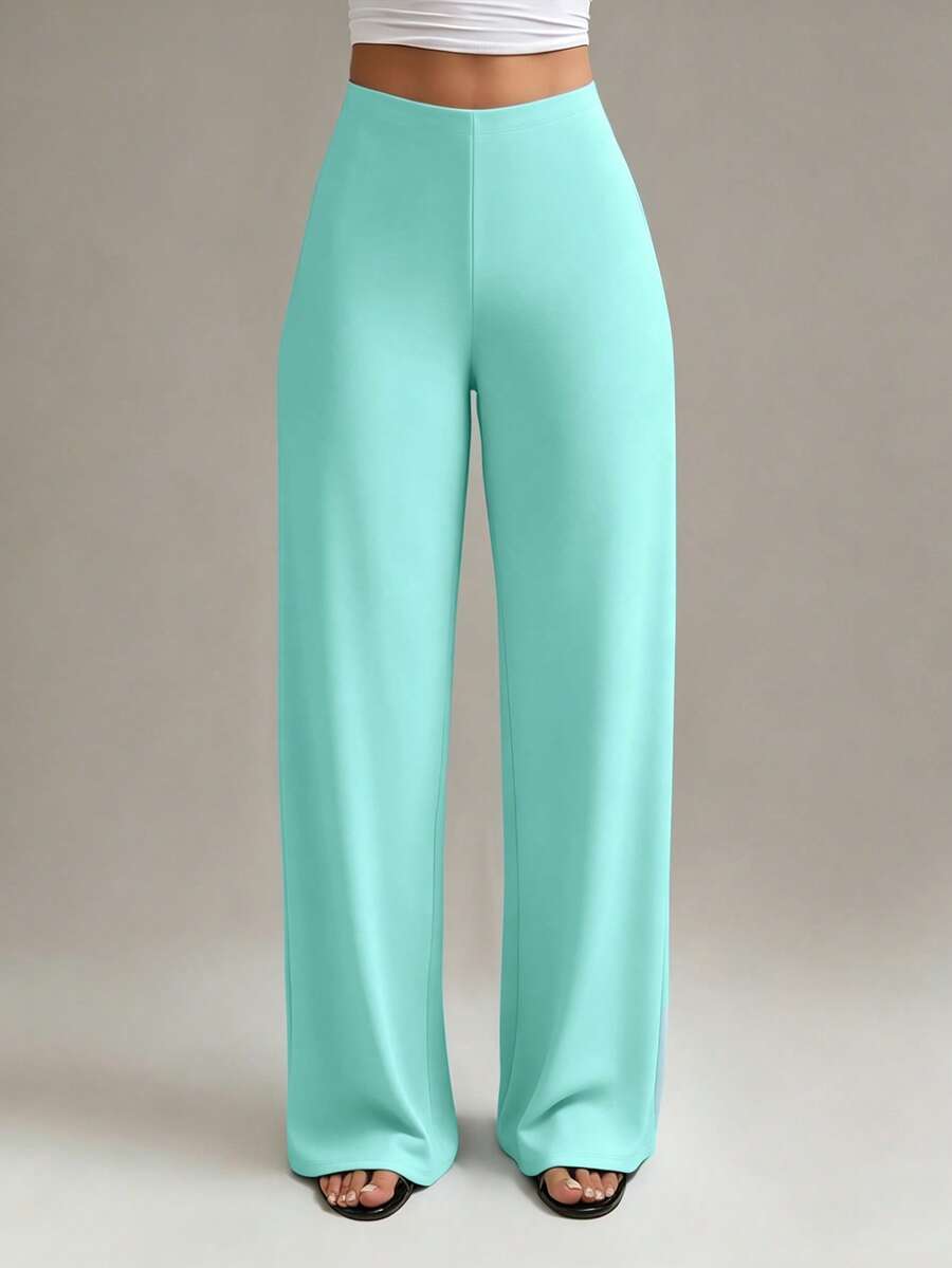 XLLAIS Women's Fashion High Waist Stretch Straight Leg Pants - Mint Blue - View 1