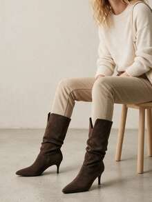 Women's 2026 New Autumn Pointed Toe Maillard Mid-Calf Western Slouch High Heel Boots - Chocolate Brown - View 2