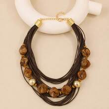 1pc Women's Boho Vintage Brown Multi Strand Cord Resin Beaded Statement Necklace, Chunky Layered Geometric Jewelry For Fall Winter Daily & Vacation - Brown - View 2