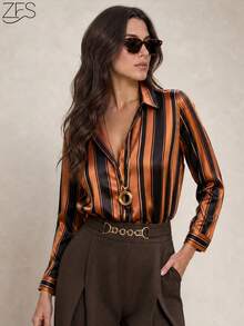 1pc Striped All-Over Print Button-Front Long Sleeve Shirt Blouse, Suitable For Vacation, Evening Date, Holiday, Birthday Party, Back To School Party, Spring & Autumn - Bronze - View 1