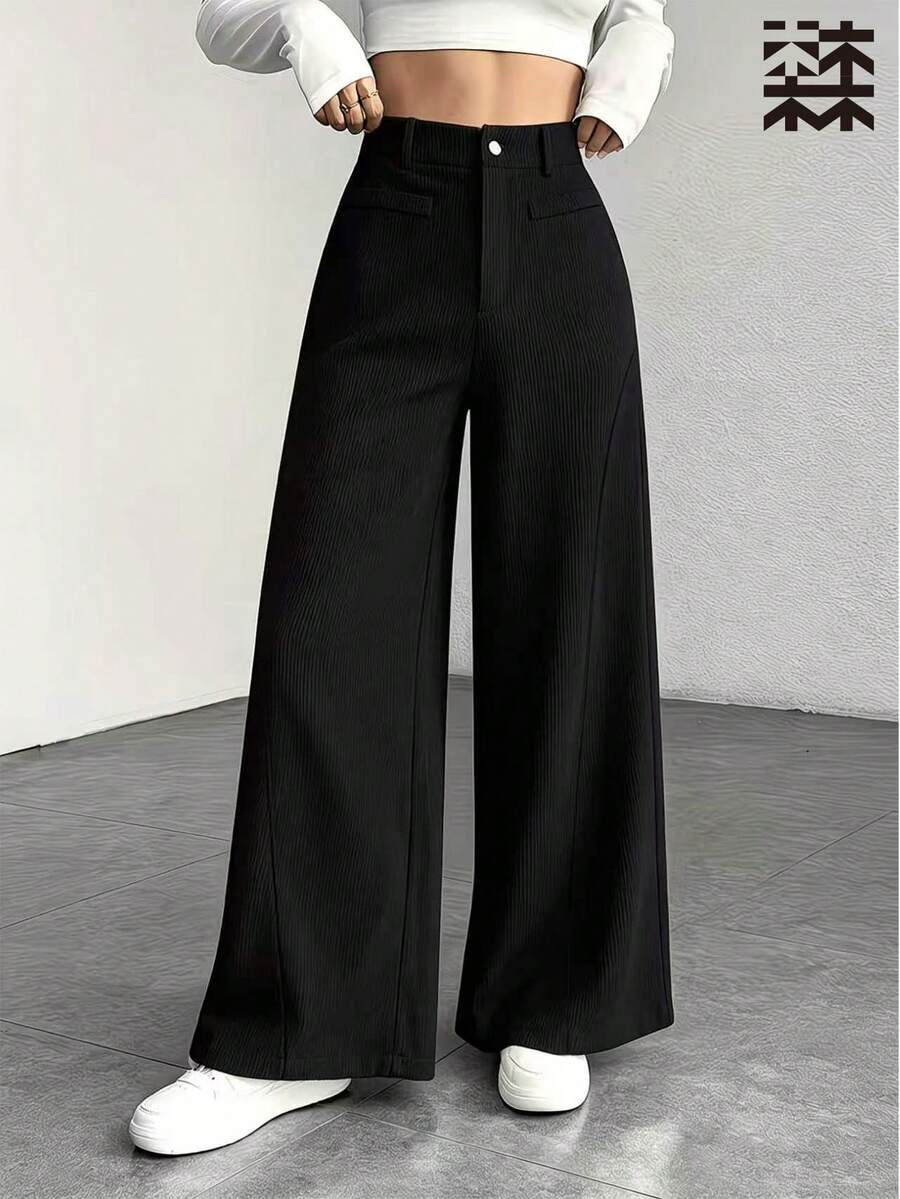 mulinsen Women Athletic Wide Leg Pants,Ribbed Texture Button Zipper Fly Fake Pocket High Waist Loose Fit,Workout Daily Street Outdoor Wear - Deep Space Black - View 1