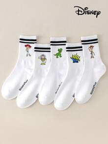 1/5 Pairs Disney Cartoon Print Mid-Calf Socks, Black And White Striped ...