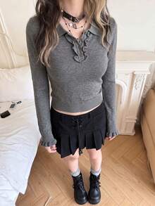 Autumn New Korean Style Square Shoulder Polo Shirt Button Long Sleeve Minimalist Versatile Knit Top - Grey - View 6