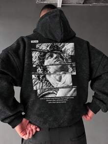 Men's Washed Distressed Tie-Dye Hoodie, Autumn/Winter, Back David Statue Graphic & English Text Print, Drawstring Loose Fit Pullover Sweatshirt - Black - View 4