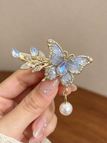 1pc Rhinestone Oil-Drip Butterfly Pearl Pendant Alligator Hair Clip, Luxury Metal Women's Hair Accessory, Wedding Banquet Headpiece, Gift For Girls - Multicolor - View 1