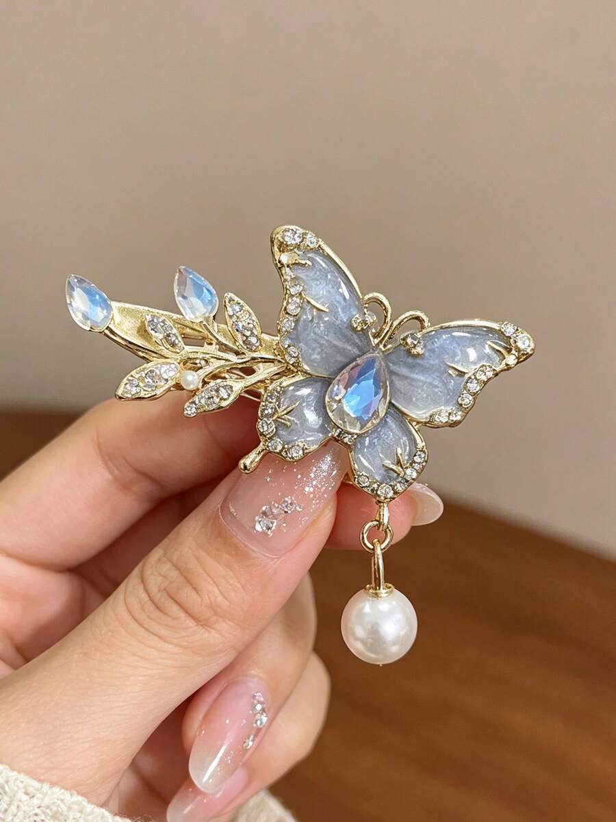1pc Rhinestone Oil-Drip Butterfly Pearl Pendant Alligator Hair Clip, Luxury Metal Women's Hair Accessory, Wedding Banquet Headpiece, Gift For Girls - Multicolor - View 1