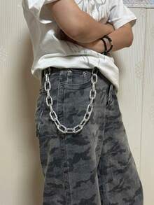 Y2K Punk Embossed Thick Single Layer Pants Chain, Textured Oval Link Jean Pants Chain, Unisex Heavy Metal Wallet Chain Streetwear Accessory - Silver - View 13