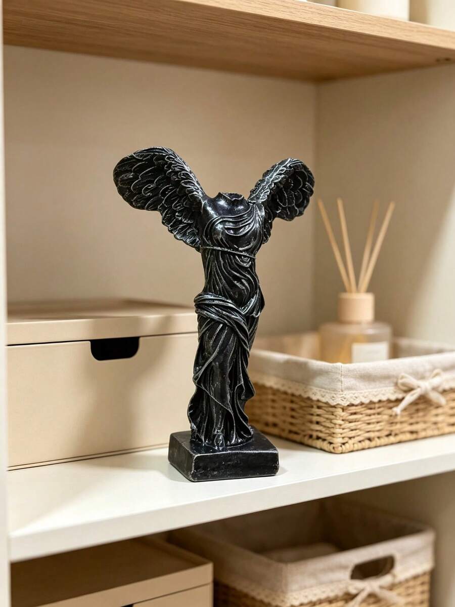 1pc Black Winged Victory Of Samothrace Statue, Classic Greek Goddess Sculpture With Draped Robe & Feathered Wings, Resin-Look Art Decor For Shelf & Entryway - 1 Pc - View 1