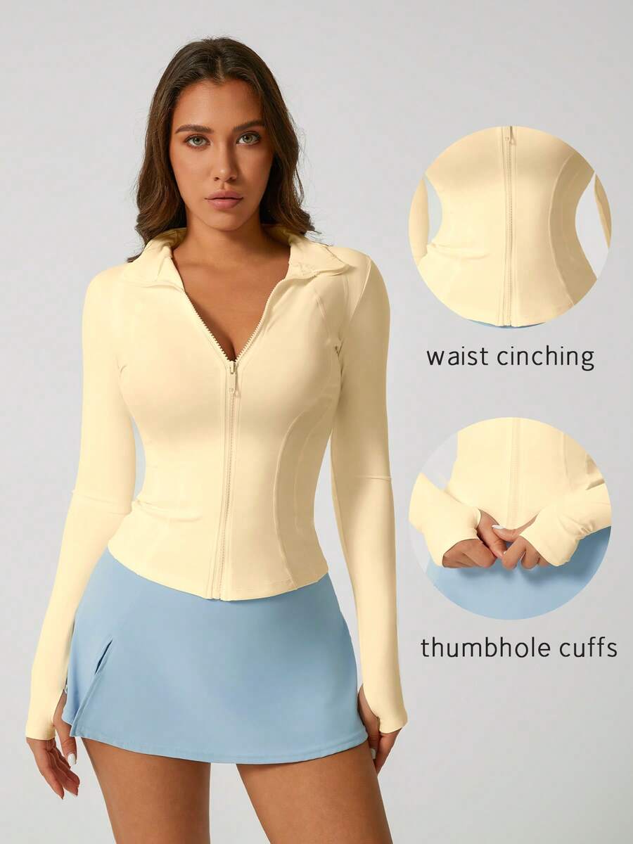 Women's Light Yellow Stand Collar Boning Jacket, Stretchy Slim Fit Body Shaping Top, Yoga Pilates Gym Running - Yellow - View 1