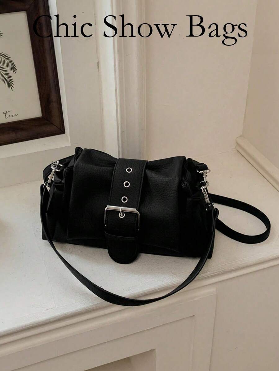 Low Tea PU Fabric Shoulder Bag,Women Pillow Shoulder Bag,Top Single Handle,Flap Closure For Travel,Shopping,Dating,For Commuting,Outdoor,Travel,Outing - Black - View 1