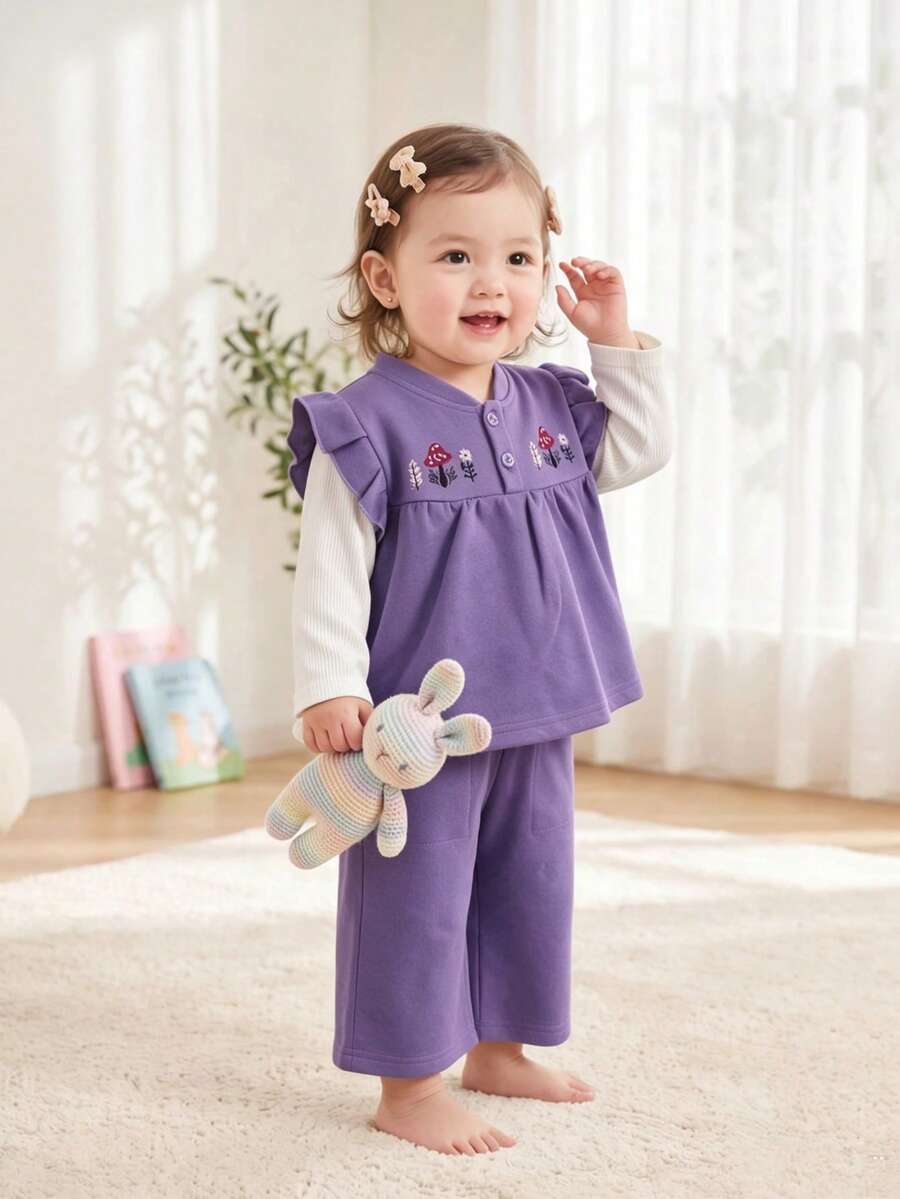 Baby Girls Sweet Purple Patchwork Long Sleeve 2 Pieces Set, Mushroom & Floral Embroidery Ruffle Trim Casual Outfit - Purple - View 1