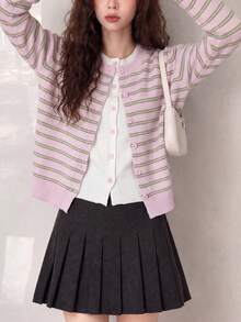 Women's Pink Striped Knit Cardigan, Round Neck Long Sleeve Button Regular Fit, Winter Fashion Style - Pink - View 1