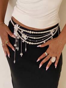 1pc Women's Multi-Layer Acrylic Faux Pearl Waist Chain, 3D Flower Tassel Belly Chain, Adjustable Y2K Style Body Accessory, Suitable For Beach Vacation - Multicolor - View 3