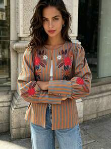 Seelio Spring/Summer New Women's European And American Style Fashion Minimalist Striped Floral Embroidered Jacket - Color - View 2