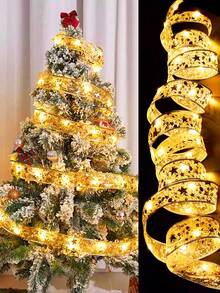 1pc 1/2/3/5/10M Christmas LED Ribbon Decorative Lights, Christmas Tree Decoration Props, Lighting, Gift Boxes, Decorative Silk Ribbon Light Strings, Christmas Home Decor, Indoor Decoration Night Lights, Bedroom Room Party Holiday Decor Light Strings - Gold - View 2