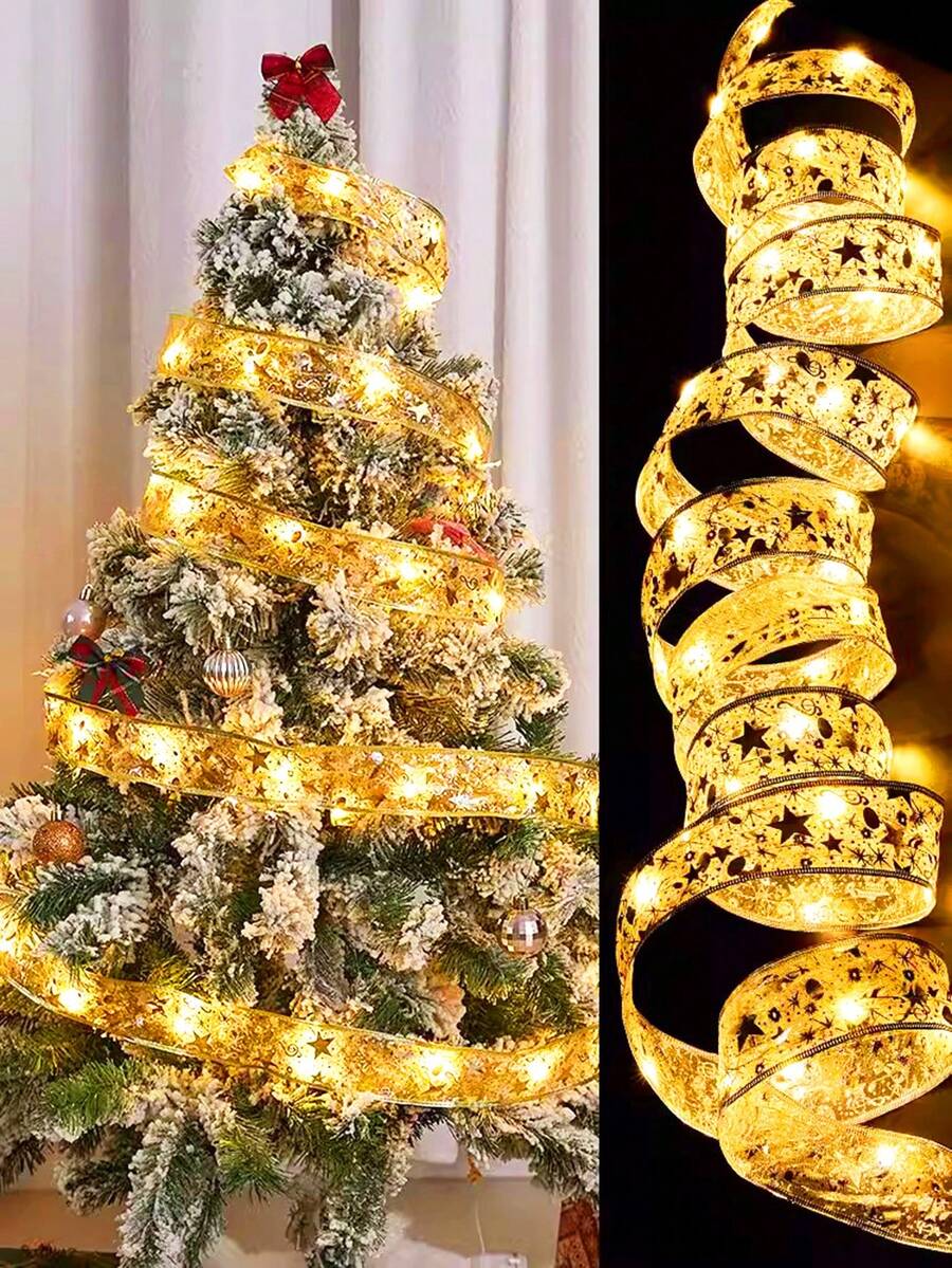 1pc 1/2/3/5/10M Christmas LED Ribbon Decorative Lights, Christmas Tree Decoration Props, Lighting, Gift Boxes, Decorative Silk Ribbon Light Strings, Christmas Home Decor, Indoor Decoration Night Lights, Bedroom Room Party Holiday Decor Light Strings