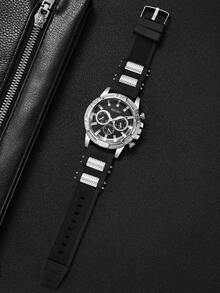 Men's Silicone Watch Classic Fashion Three-Eye Dial Handsome Sports Quartz Wristwatch, Gift For Boyfriend Watch (1pc/Set) Watch Box Not Included - Black - View 6