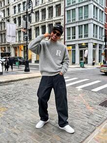 ANDREILEE Men's Knit Sweater, Streetwear College Style, Casual Solid Color Minimalist Fashion R Letter Round Neck Polo Collar Loose Long Sleeve Ribbed Hem Daily Commute Versatile Pullover - Grey - View 3