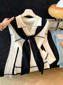 Women's Colorblock Casual Versatile Daily Wear Top - Apricot - View 2