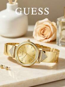 GUESS Tri Luxe Series Rose Gold Women's Watch, Rhinestone Bezel, Triangle Rhinestone Decor Steel Band, Radial Texture Dial, Minimalist Luxury Quartz Wristwatch For Women, Holiday Gift - Watch - View 14