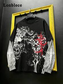 Lonblece Dark Gothic Style 2 In 1 Long Sleeve T-Shirt, Black & Grey Color Block Patchwork Portrait Thorn Cross Print Loose High Street Top - Black - View 1