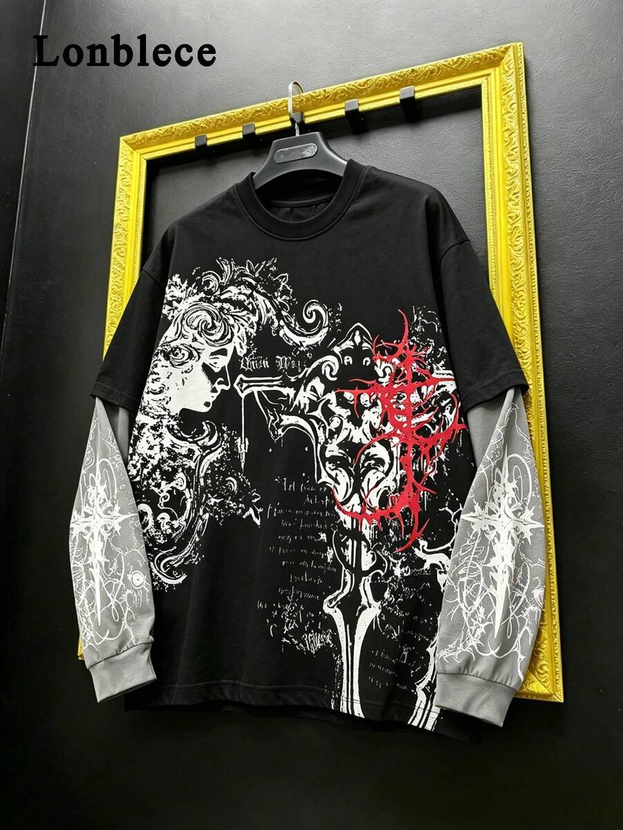 Lonblece Dark Gothic Style 2 In 1 Long Sleeve T-Shirt, Black & Grey ...