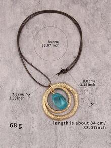 1pc Fashion Minimalist Large Double Ring Pendant Necklace, Bohemian Asymmetrical Resin Stone Neck Chain, Holiday Anniversary Gift For Friends And Lovers - Wax Rope - View 4