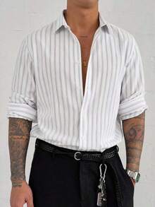 Men's Casual Commute Striped Long Sleeve Shirt, Suitable For Spring, Autumn, Winter, Daily Wear - Multicolor - View 1