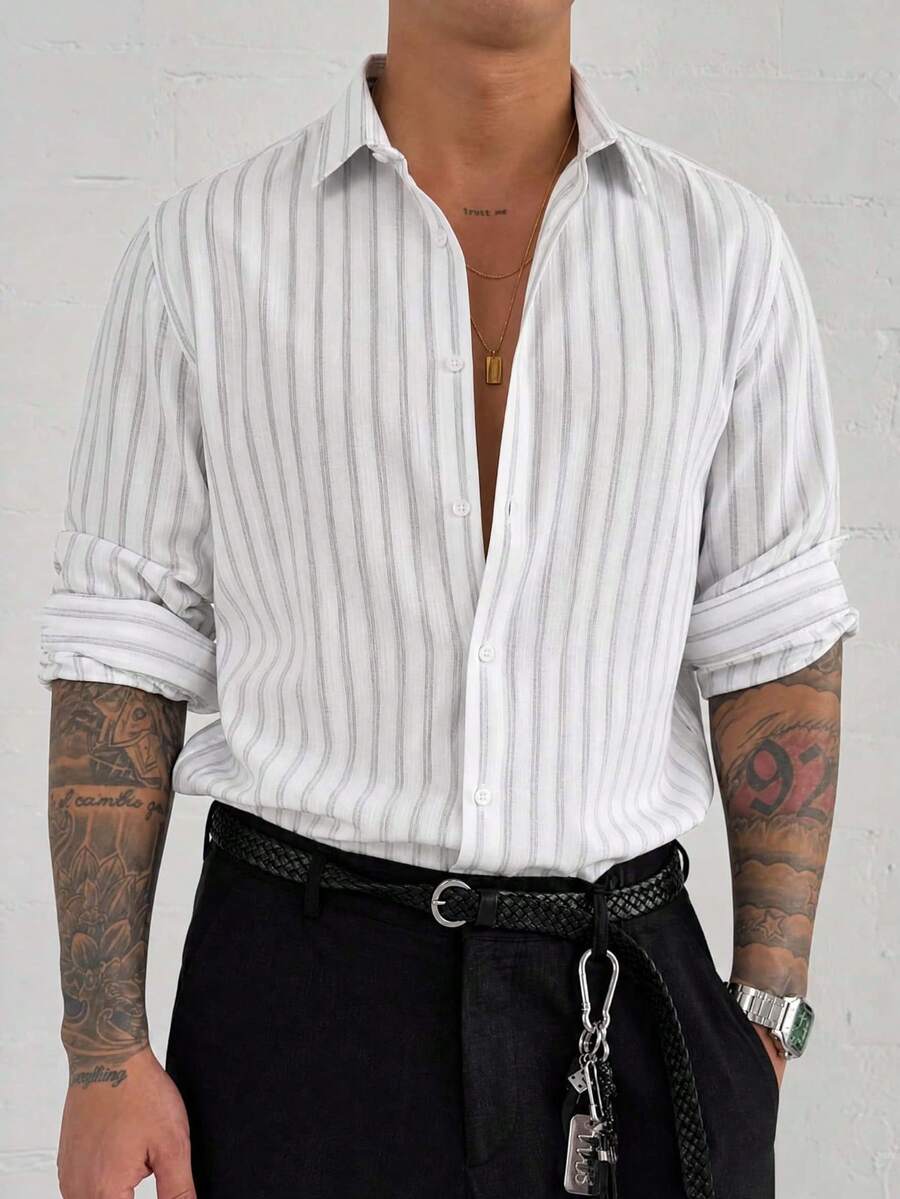 Men's Casual Commute Striped Long Sleeve Shirt, Suitable For Spring, Autumn, Winter, Daily Wear - Multicolor - View 1